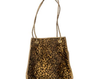 Vintage Tianni-draagtas met luipaardprint namaakbont schoudertas met gouden rand Y2K