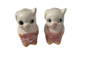 Salero y pimentero de cerámica vintage con forma de cerdito, color rosa, con ojos grandes (par)
