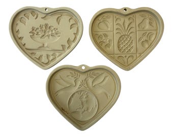 Set of 3 Pampered Chef Family Heritage Heart Stoneware Molds – 1999, 2001, 2002