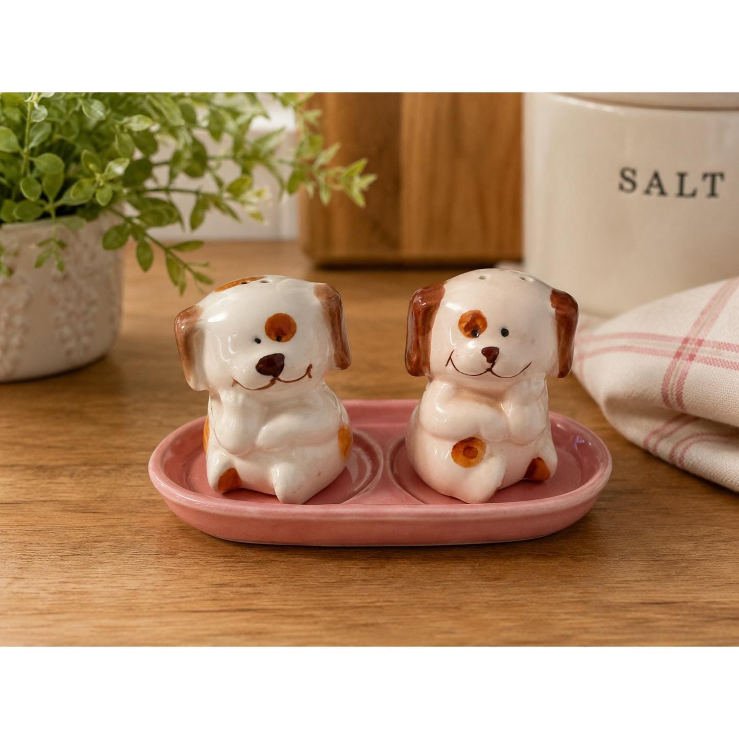 Vintage Japan Puppy Dog Salt and Pepper Shakers With Pink Tray