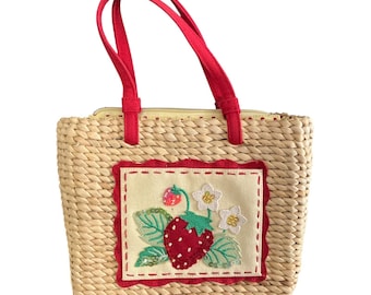 VTG Straw Cornhusk-draagtas – rode aardbeiapplicatie – voering met stippen - LEZEN