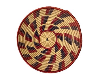 Vintage Handwoven Coil Basket Bowl Red Black Natural Geometric Pattern 14”