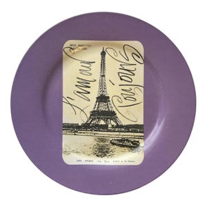Placa decorativa de cerâmica roxa vintage – desenho de cartão postal da Torre Eiffel "L'amour Toujours"