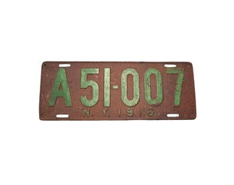 1916 New York License Plate Vintage Embossed Metal Automobile Tag Rustic Patina