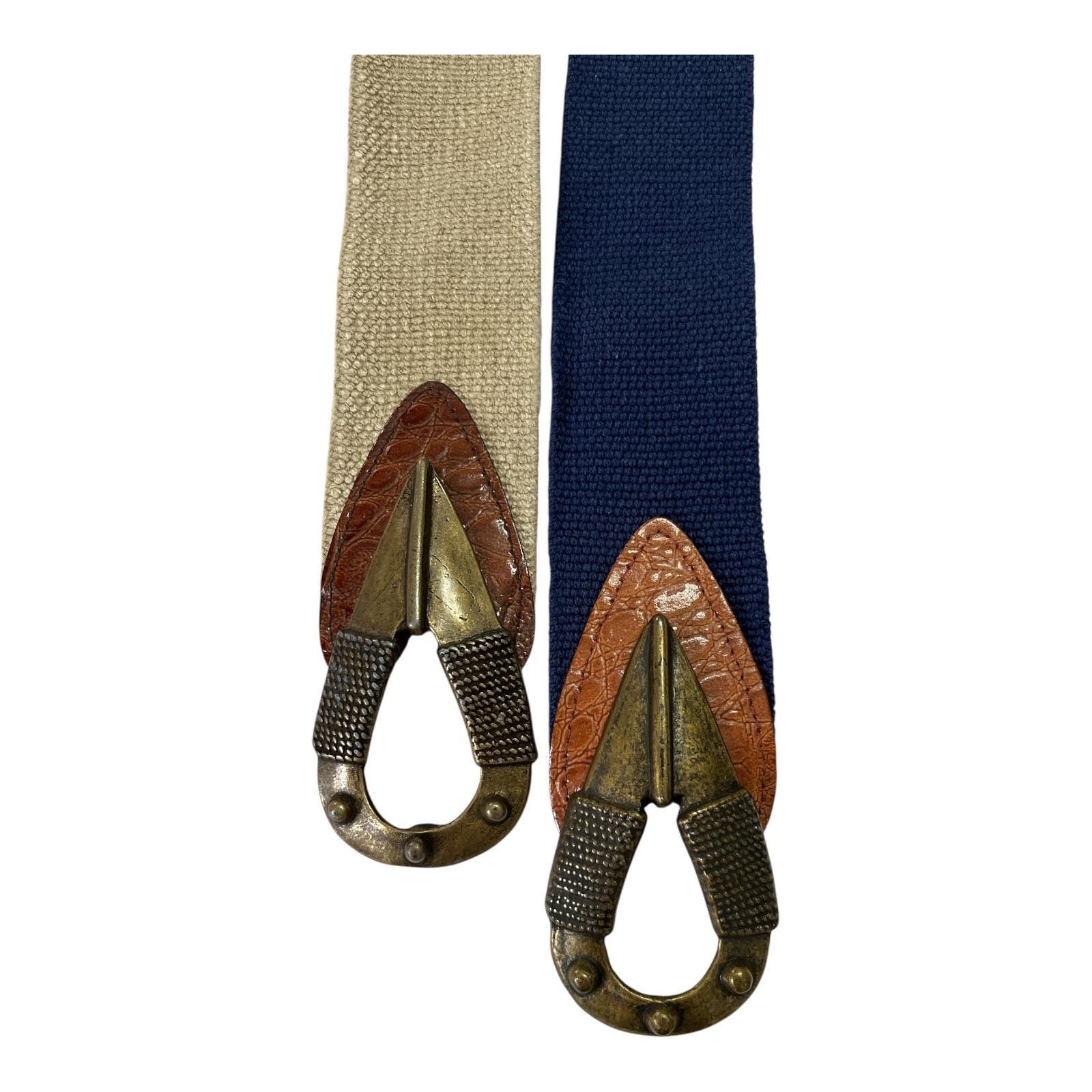 Vintage Omega Size Large Brass Spearhead Arrow Buckle w Stretchy Tan Belt Vintage Omega Stretch Belts Small Set of 2 Canvas Elastic  main image 3