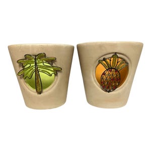 Global Amici Tropical Palm Tree Pineapple Beaded Pottery Votive Candle Holders Set of 2