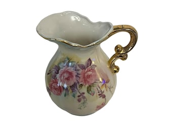 Jarra de crema de porcelana Lefton vintage con rosas pintadas a mano y borde dorado, fabricada en Japón (6622).