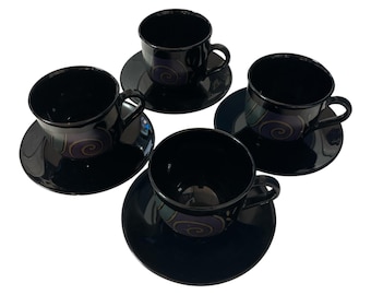 Tazze e piattini in vetro nero ARC France – Design a spirale – Tazzina da caffè espresso anni '90