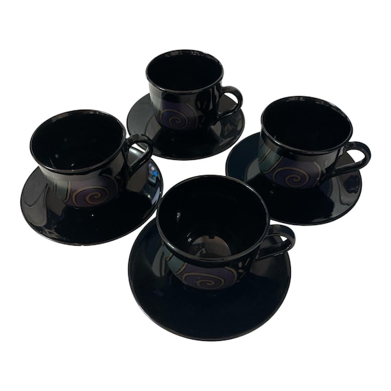 ARC France Black Glass Cups and Saucers  Swirl Design  1990s Espresso  Demitasse - Etsy