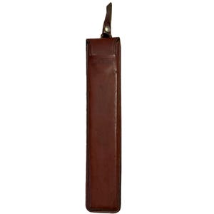 May include: A long, rectangular brown leather case with a smooth finish and a vertical orientation. The case features a top flap secured by a single silver-toned metal snap button and a short leather strap extending upward from the top edge.