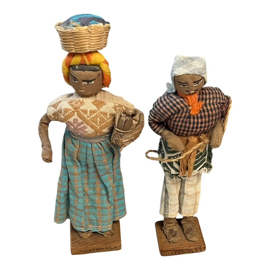 Vintage Handcrafted Guatemala Folk Art Doll Pair – Man & Woman – Woven ...