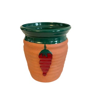 Vintage Signed Janic Fogel Studio Pottery Planter Chili Pepper Motif Hand Painted 5x4 1980s–1990s