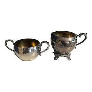 Juego de azucarero y cremera vintage bañados en plata – Wm. A. Rogers Sugar, cremera con base ornamentada – Vajilla de plata de mediados de siglo
