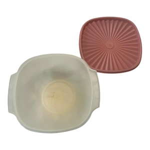 Vintage Tupperware Square Harvest Bowl with Sheer Base & Pink Lid