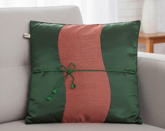 Vintage Thai Silk Pillow Cover Green With Coral Panel Hand Tied Accent