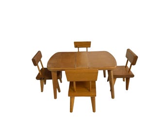 Juego de comedor miniatura vintage Strombecker, mesa de madera de gran tamaño, 4 sillas, muebles modernos de mediados de siglo.