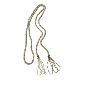 May include: A long, beaded necklace in neutral tones. The necklace has a twisted rope design with two beaded tassels at the ends. The beads are a mix of light and dark colours, creating a textured appearance. The necklace is designed to be worn long.