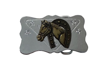 Fibbia per cintura vintage a forma di testa di cavallo, stile western equestre, color argento, prodotta a Hong Kong.