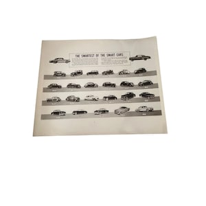 May include: A vintage black and white advertisement print featuring the text THE SMARTEST OF THE SMART CARS at the top, followed by a grid of various classic automobile illustrations arranged in rows, each labelled with its specific model name.