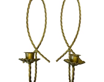 Vintage Brass Bow Wall Sconces – Twisted Metal Candle Holders – Set of 2
