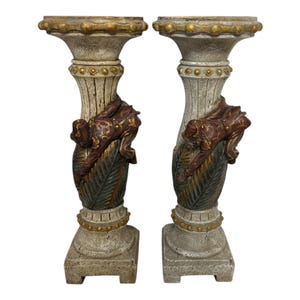 Pair of Vintage Monkey Candle Holders – Polystone Resin, Hand-Painted Pedestals, Jungle Theme