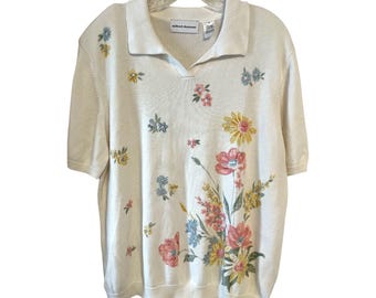 Vintage Alfred Dunner XL Floral Knit Polo Sweater – Ramie Cotton – Garden Flowers – Made in Macau