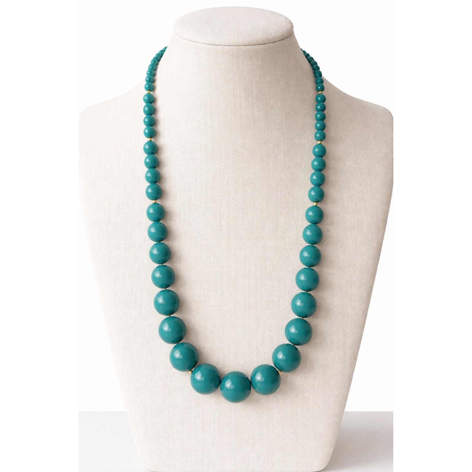 Monet Teal Graduated Bead Necklace Gold Tone Clasp 28" Vintage Statement