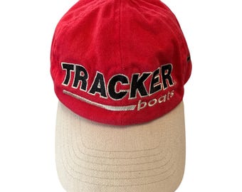 Gorra bordada Tracker Boats – Gorra de algodón roja y beige – Correa ajustable – 100 % algodón – Años 2000