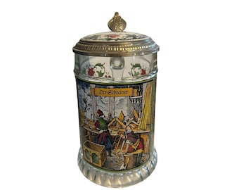 Vintage German Glass Beer Stein Tennlock Der Schreiner Carpenter Stange Seidel Floral