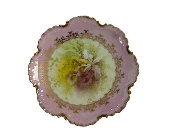 Rosenthal antique R.C. Assiette florale Monbijou Bavaria peinte à la main en or rose 20 cm (8 po.)