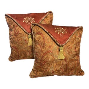 Pair of Vintage 1990s–2000s Decorative Throw Pillows – 17” Paisley with Gold Metallic Thread, Tassel & Embroidered Flap