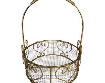 Vintage Gold Wire Basket with Handle – Ornate Filigree Heart Design – Round Metal Mesh Display Basket