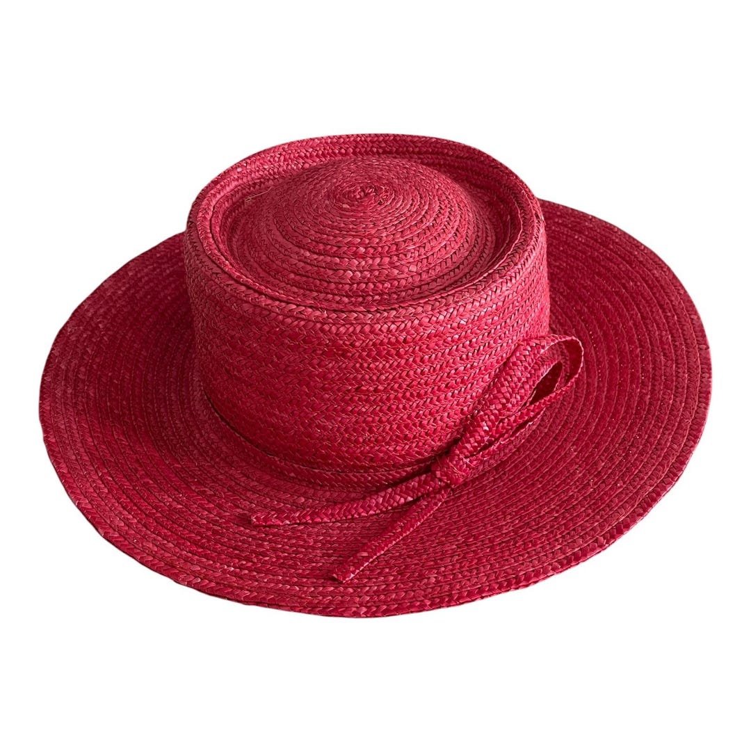 Betmar New York Red Straw Hat Bow Band Vintage Betmar New York Red Straw Hat Wide Brim Bow Flower  main image 4