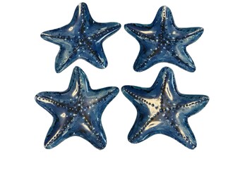 Vintage Set of 4 Blue Starfish Melamine Dinner Plates 10" Coastal Beach Nautical