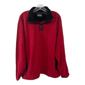Vtg St. John&#39;s Bay Red Fleece Pullover L – 90s Y2K Mens 1/4 Zip Jacket, Black Collar, Pockets