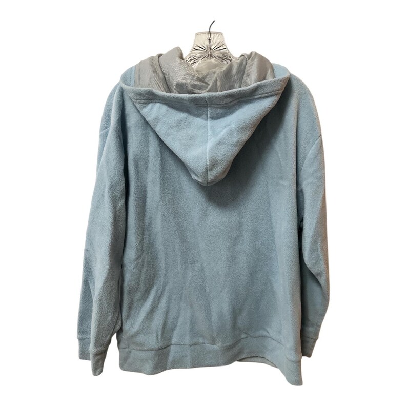 May include: A light blue hooded sweatshirt with a gray interior lining. The sweatshirt is made of a soft, textured material and features a drawstring hood and a front pocket. The back view of the sweatshirt is shown.