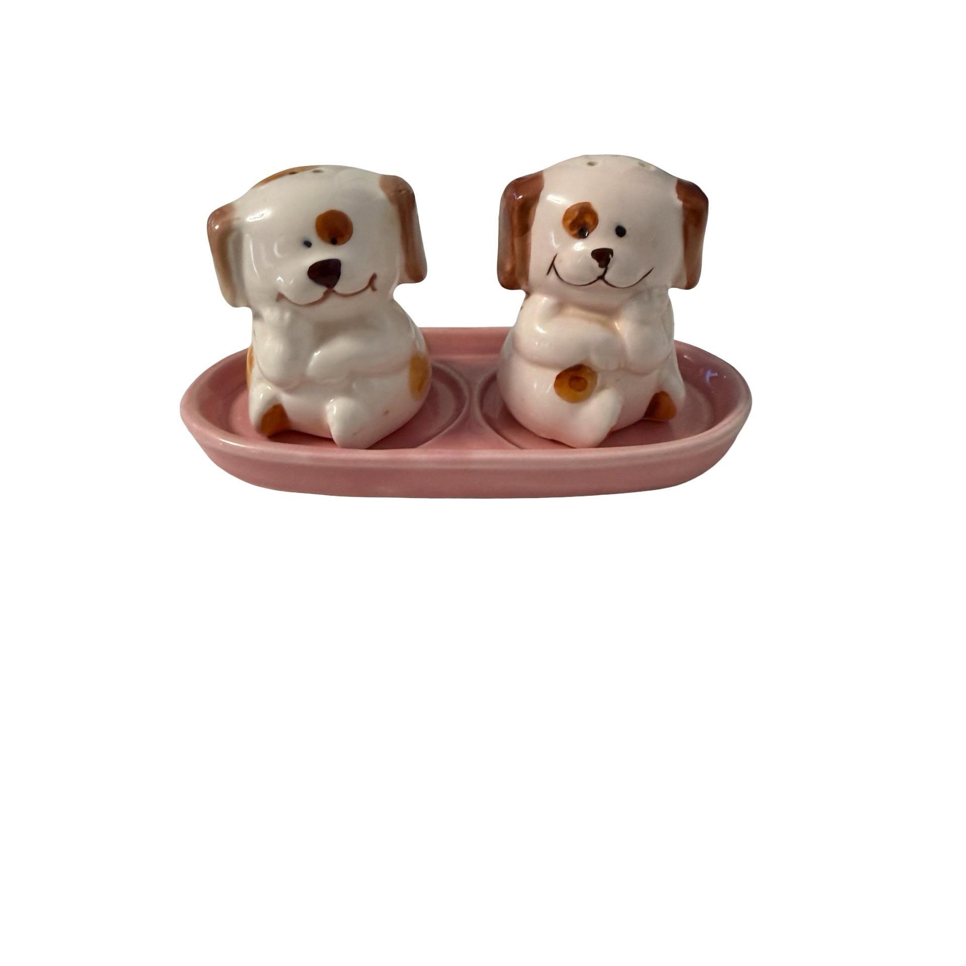 Vintage Japan Puppy Dog Salt and Pepper Shakers With Pink Tray