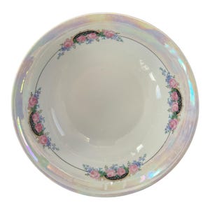 Vintage German Iridescent Floral Bowl – Pink Rose Garland Border – 9&quot; Wide