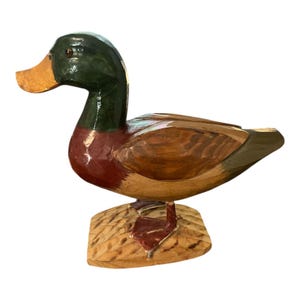 Mid Century Hand-Carved Wooden Mallard Duck Figurine – Rustic Folk Art Cabin Decor
