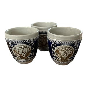 Set of 3 Vintage German Wick-Werke Style Stoneware Wine Cups – Rare Brown & Blue Grapevine Relief – 3 x 3.5&quot;