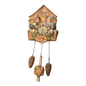 Vintage Hand Painted Chalet Style Cuckoo Wall Clock Children Pinecone Weights Rustic Cottage Decor