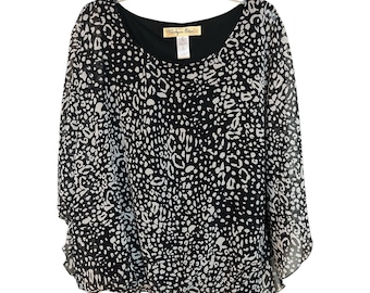 Y2K Aqua Blues Damen 3X Flutter Sleeve Sheer Overlay Bluse Schwarz Weiß Animal Print Made in USA