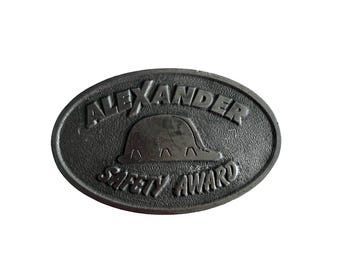 Fivela de cinto de segurança vintage Alexander Safety Award com clipe para capacete de construção.