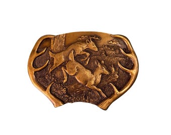 Fivela de cinto vintage para caça de veados, Bergamot Brass Works, 1977, EUA. LEIA