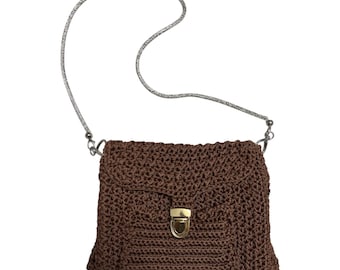 VTG Handmade Crochet Brown Shoulder Bag Rhinestone Chain Strap