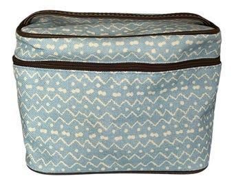 Vtg Estée Lauder Blue White Zigzag Cosmetic Travel Bag with Brown Trim