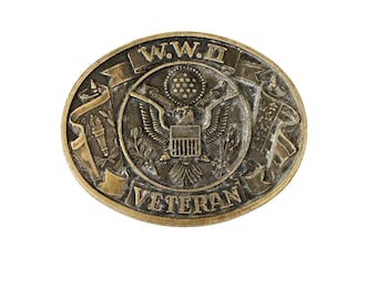 WWII Veteran Eagle Emblem Belt Buckle Gold Tone Military Patriotic Accessory