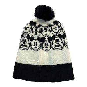 Vintage Disney Mickey Mouse Faces Pom Beanie – Garon Knitting Mills – Black & White Acrylic