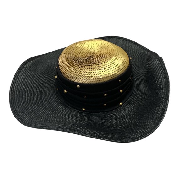 Vtg Whittall & Shon Black Wide-brim Hat With Gold Sequin  display picture 2