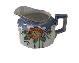 Jarra de crema japonesa vintage de cristal azul brillante con asa floral estilo art déco iridiscente